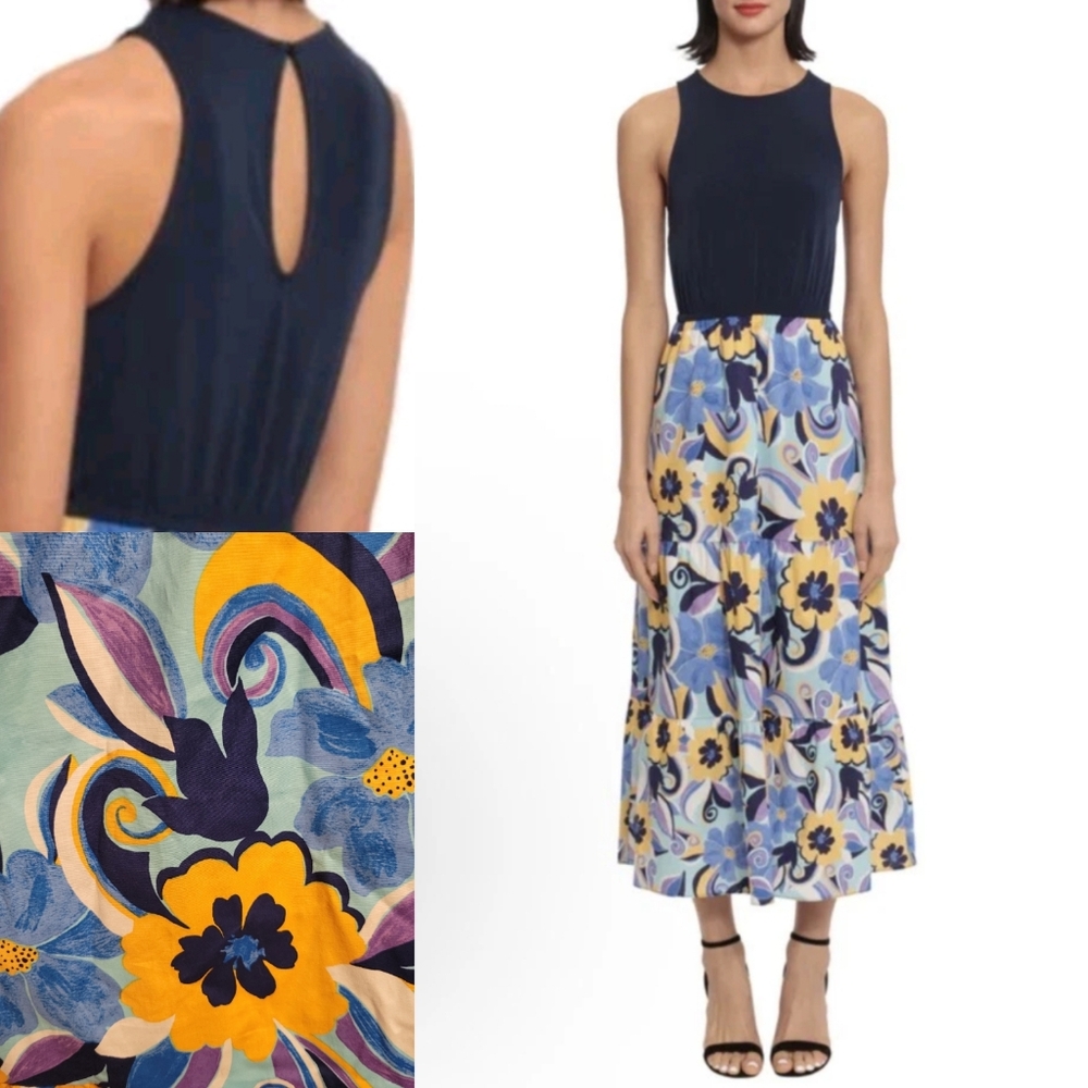 NEW DONNA MORGAN STRETCH TOP FLORAL MAXI DRESS BLUE GOLD PURPLE 10 / L LARGE NWT